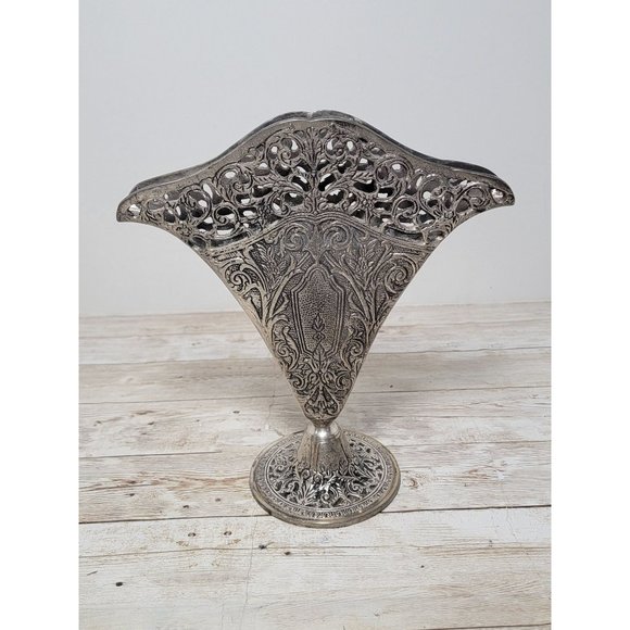 Vintage Silver Plated 9.5” Art Nouveau Ornate Fan Shaped Pierced Filigree Flower - Picture 1 of 10